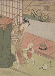Mor og søn ved et myggenet, ca. 1769., ca. 1769.