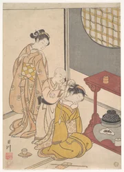 Natregn ved stativet med dobbelthylde, fra serien Otte stueudsigter (Zashiki hakkei)