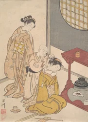 Night Rain at the Double-Shelf Stand, fra serien Eight Parlour Views Zashiki hakk..., ca. 1766.