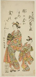 Skuespilleren Segawa Kikunojo II som kurtisanen Umegae i stykket "Hiragana Seisuiki", opført på Ichimura Theatre i den første måned, 1764