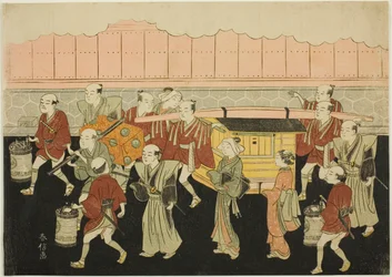 Bruden, der rider i en palanquin til sin mands hus (Koshi-iri), det tredje ark i serien "Ægteskab i brokadetryk, den dydige kvindes vogn (Konrei nishiki misao-guruma)"