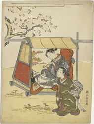 Ung kvinde, der ser kirsebærblomster som en modsætning af Lady Nakanokimi, ca. 1767
