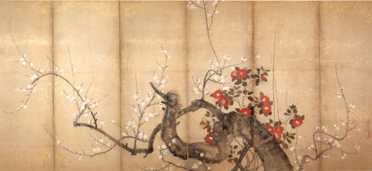 Blomstrende blomme og kamelia