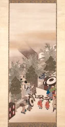 Yoshiwara And Shinagawa (blæk, farve og guld på silke)