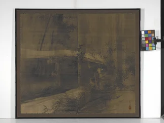 Tanuki Under A Bridge (blæk på silke med lidt orange, guld og sølv)