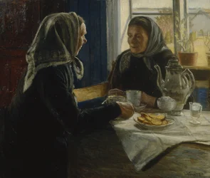 To kvinder drikker kaffe (olie på lærred)