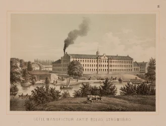 Bomuldsmølle, Stromsbro, Sverige, ca. 1840 (farve litho)