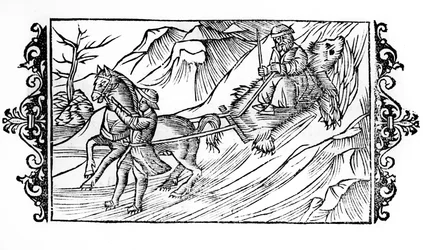 Hest slæber på sneen et bjørneskind, som en finsk sidder på - i "" De Gentibus septentrionalibus"" af ærkebiskop Olaus Magnus, Sverige