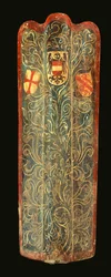 En sjælden schweizisk pavise af træ dækket med gesso malet lærred af grønt rullende løvdesign og våbenskjoldene fra Habsburg, League of St George og byen Winterthur, ca. 1445