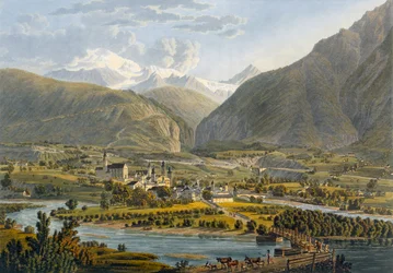 Brig på Rhone, Berner Alperne, Schweiz, fra Voyage Pittoresque de Geneve til Milano, 1819