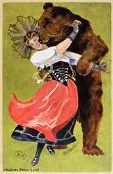 Postkort fra Bern med en kvinde og en bjørn, ca. 1900