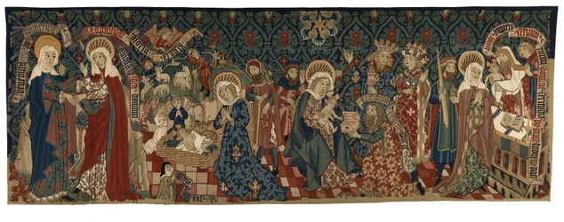Rygtapet af fire scener fra Jomfruens liv, fra Basel, ca. 1450-75 (uld og hvide hørtråde)