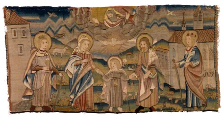 Gobelinpanel med den hellige Barbara, Jomfru Maria, Den Hellige Treenighed, den hellige Josef og den hellige Katarina, eller Inkarnationen med de hellige Barbara og Katarina