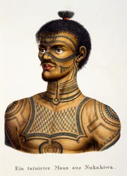 Tatoveret mand fra Nukahiwa, fra Etnologisk undersøgelse af forskellige racetyper fra forskellige kontinenter, af C.I. Brodtmann, udgivet 1824