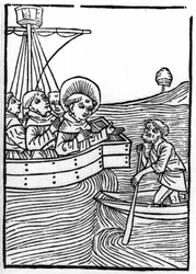 Legenden om Saint Brendan (Brandan), helte og irsk helgen fra det 6. århundrede: Medbrødre møder en dværg ved verdens ende. Indgravering af "" Die Wunderbare Meerfahrt des Hl. Brandan." balle