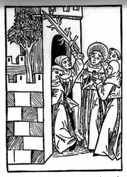 Legenden om Saint Brendan (Brandan), helte og irsk helgen fra det 6. århundrede. En af munkene er fængslet. Indgravering af "" Die Wunderbare Meerfahrt des Hl. Brandan." balle