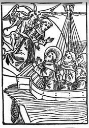 Legenden om Saint Brendan (Brandan), helte og irsk helgen fra det 6. århundrede. Sankt Brandans bøn redder den syndige munk. Indgravering af "" Die Wunderbare Meerfahrt des Hl. Brandan." balle