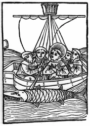 Legenden om Saint Brendan (Brandan), helte og irsk helgen fra det 6. århundrede: Mødet med kæmpefisken Isconius. Indgravering af "" Die Wunderbare Meerfahrt des Hl. Brandan." balle