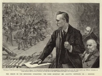 Debatten om de fængslede dynamitere, indenrigsministeren (Asquith) svarede J. Redmond