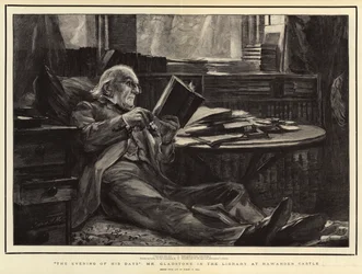 Hans dages aften, hr. Gladstone i biblioteket på Hawarden Slot