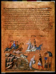 Helside: tekst og miniature: Abraham og Bera fra Sodoma (miniature på pergament)