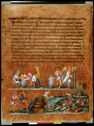 Helside: tekst og miniature: Josef tager afsked med sine forældre og Benjamin (miniature)