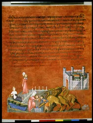 Helside: tekst og miniature: Rebecka og Eliezer ved brønden uden for byen Nahor (miniature)
