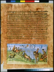 Helside: tekst og miniature: Josefs brødres anden rejse til Egypten (miniature)