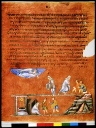 Helside: tekst og miniature: englen, der bekræfter løftet til Abraham (miniature på pergament)