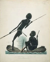 Indfødte, der fisker i en bark-kano, 1819
