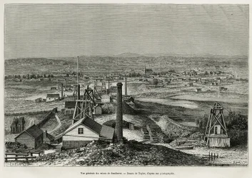 Generelt billede af Sandhursts miner, gravering efter en tegning af Taylor, for at illustrere historien seks måneder i Australien, af Desire Charnay, missionsopgave af Ministeriet for Offentlig Undervisning, i 1878, offentliggjort i tour du monde, under le