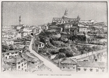 Generel udsigt over Siena (Italien). Gravering af Taylor for at illustrere historien "" A travers la Tuscane"" af Eugene Muntz (1845-1902), i Le tour du Monde 1892, instrueret af Edouard Charton (1807-1891), Hachette, Paris.