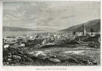 Generelt billede af Tiberiade (Israel). Taylors gravering, for at illustrere historien om nutidens Syrien, af M. Lortet, dekan ved det medicinske fakultet i Lyon, med ansvar for en videnskabelig mission af Ministeriet for Offentlig Undervisning, offentligg