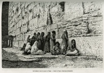 Jøder, der græder mod templets mure (klagemur). Gravering af Taylor, til illustration af La Syria d
