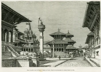 Stedet for det kongelige palads i Patan (nuværende Lalitpur). Gravering af Taylor for at illustrere historien Voyage au Nepal, af Dr. Gustave Le Bon (1841-1931), i le tour du monde 1886, instrueret af Edouard Charton (1807-1890), Hachette, Paris.