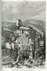 Klosteret Mar-Saba (Mar Saba) (Palæstina). Taylors gravering, for at illustrere historien om nutidens Syrien, af M. Lortet, dekan ved det medicinske fakultet i Lyon, med ansvar for en videnskabelig mission af Ministeriet for Offentlig Undervisning, offentl