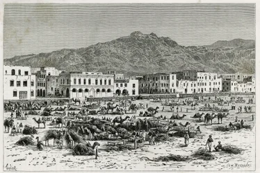 Marchen i Aden (Yemen). Taylors gravering, for at illustrere historien ""Rejsen til Benadir, Somalierne og Bayoun"", i 1882-1883, af M.G.Revoil. Udgivet i Le Tour du monde, nouveau journal des voyages