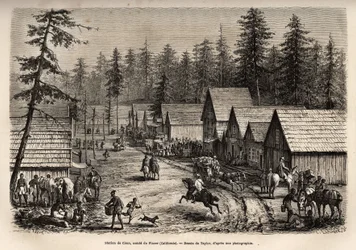 Ciscos station, greve af Placer (Nevada), hvor man kan tage hurtigtoget fra Pacific Railway (Pacific Railway), indgraveret efter Taylors tegning, der illustrerer rejsen fra Washington til San Francisco i 1868, af L. Simonin, udgivet i "L