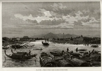 Udsigt over Hue (Vietnam), med beskrivelse af navigation på Song Huong-floden og Thien Mu-pagoden, bag omkredsmurene. Gravering af Taylor, for at illustrere historien "" Trente mois au Tonkin"" af Dr. Charles Edouard Hocquard (1853-1911), i 1885, i