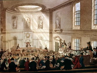 India House, The Sale Room, fra Ackermanns Microcosm of London, indgraveret af Joseph Constantine Stadler (fl.1780-1812), 1808 (akvatinte)