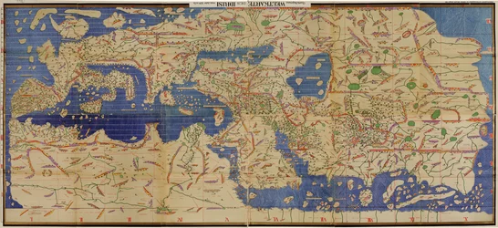 En kopi fra 1929 med navne omsat til latinsk skrift af den arabiske Tabula Rogeriana fra 1154, på hovedet med nord orienteret opad