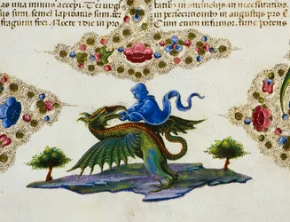Grænsefrise ved foden af siden med genifigur og bevinget monster, bind II f 198, v, Bible of Borso d