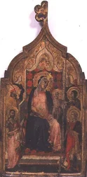 Madonna og barn med hellige (tempera på panel)