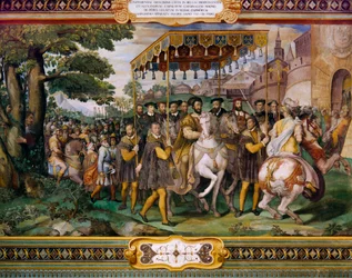 Francis I byder Charles V og kardinal Alessio Farnese velkommen i Paris af Taddeo Zuccari (1529-1566), Palazzo Farnese, Caprarola, Italien
