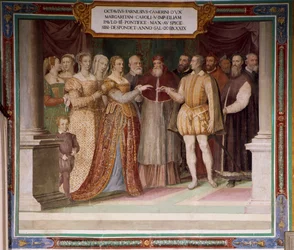 Italien, Lazio-regionen, Caprarola (Viterbo-provinsen), Farnese Palace, Ottavio Farneses ægteskab med Margaret af Østrig af Taddeo Zuccari, fresco