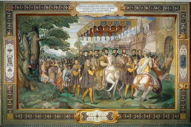 Kong Frans I modtager Charles V og kardinal Alessandro Farnese i Paris i 1540. 1559