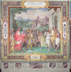 Karl 5. (1500-58) med Alessandro Farnese (1546-92) i Worms, fra "Sala dei Fasti Farnese" (Farnese-salen) 1557-66 (se også 156715)