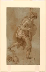 Soldat Running: Studie for figur i venstre forgrund, "Forræderi mod Kristus," Rom, S. Maria della Consolazione, Matttei Chapel; Separate undersøgelser af to hoveder