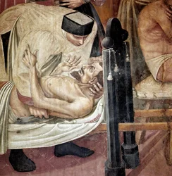 Pleje af de syge på et hospital, en sygeplejerske hjælper en tilskadekommen liggende på en båre”” Detalje. Fresco af Taddeo di Bartolo (1363-1422) Siena fra det 14. århundrede, Spedale di Santa Maria della Scala