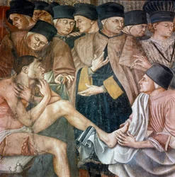 Pleje af de syge på et hospital, sygeplejersker vaske fødderne af en pelerin sår "" Detalje. Fresco af Taddeo di Bartolo (1363-1422) Siena fra det 14. århundrede, Hospital of Santa Maria della Scala